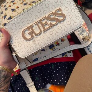 GUESS Logo Patterned Cream Crossbody Bag